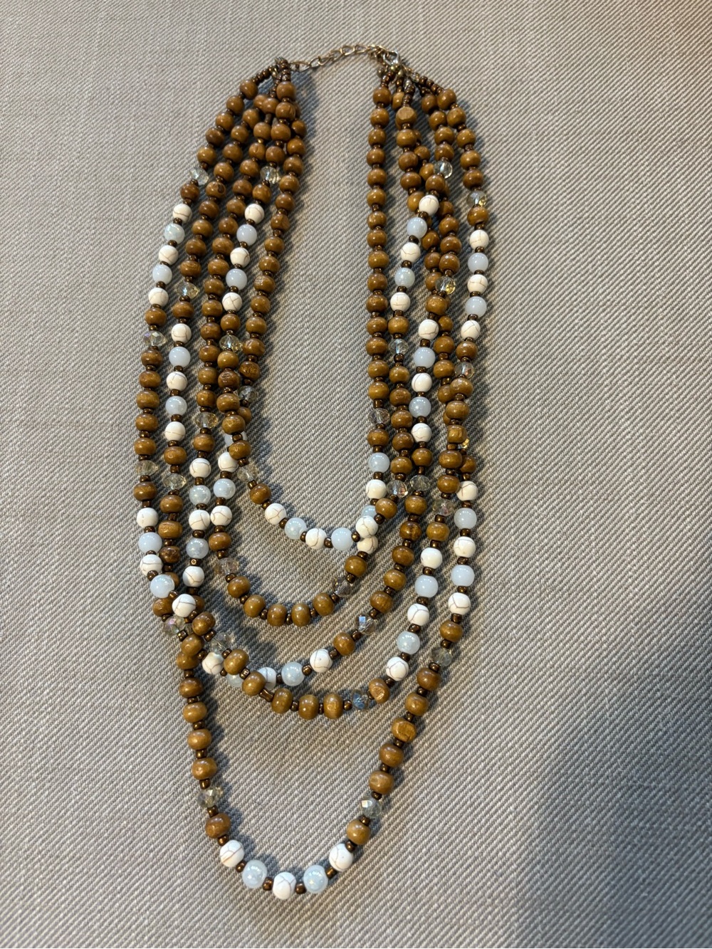 5 layer strand beaded necklace wooden, white marble, stone, faceted crystals